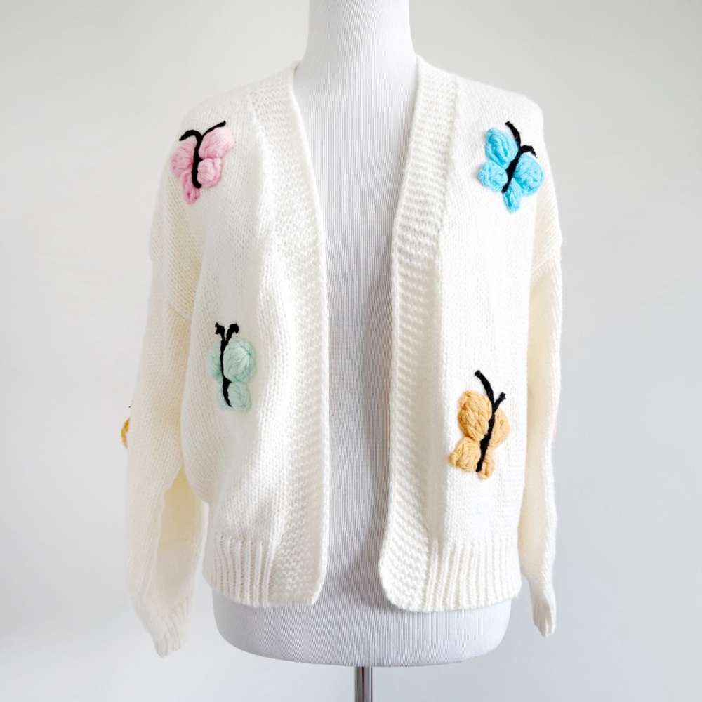 Luna Ivy Butterfly Cardigan Sweater Womens Size XS Cream Crochet Butterflies
